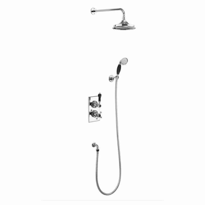 Trent Thermostatic Two Outlet Concealed Divertor  Shower Valve , Fixed Shower Arm, Handset & Holder with Hose with 9 inch rose - Black